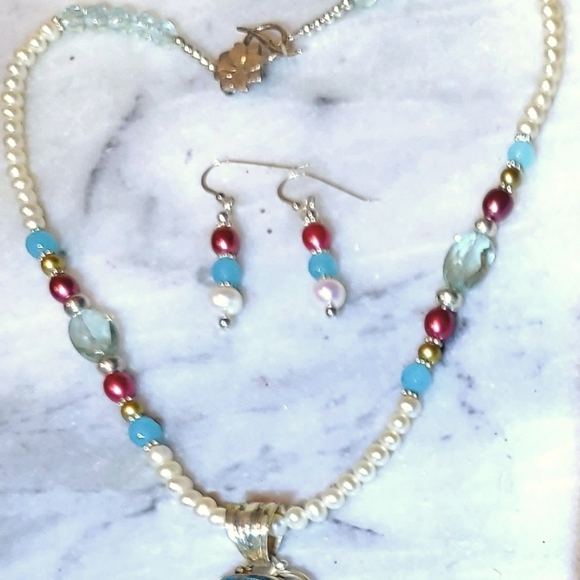 Artisan Pearl Rainbow Calsilica Topaz Tourmaline Sterling Necklace 18" Earrings - Picture 3 of 9